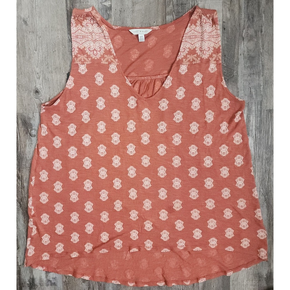 Lucky Brand Tank Top Women Medium Orange Medallion Print Sleeveless VNeck Blouse